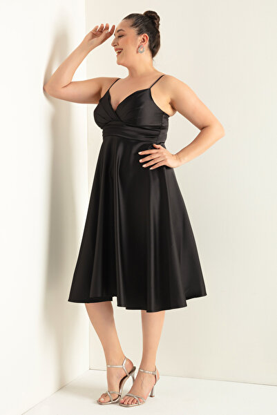 Lafaba Damska czarna suknia wieczorowa z paskiem i paskiem w talii, satynowa midi w dużych rozmiarach