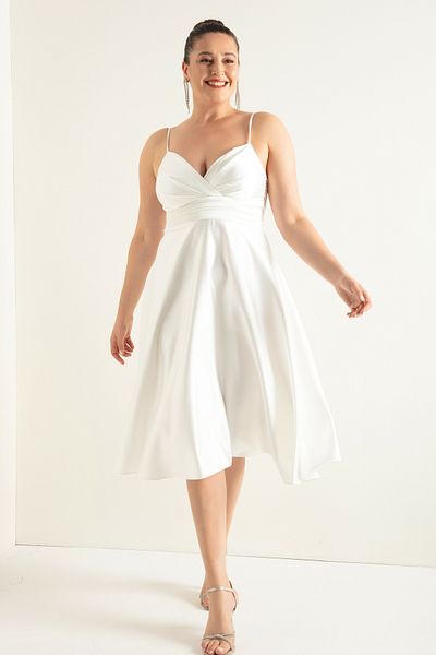 Lafaba Women's White Rope Strap Waist Belted Satin Midi Plus Size Evening Dress