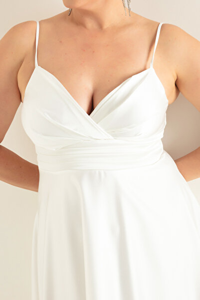 Lafaba Rochie de seară Midi din satin, cu curele în talie, albă, cu frânghie