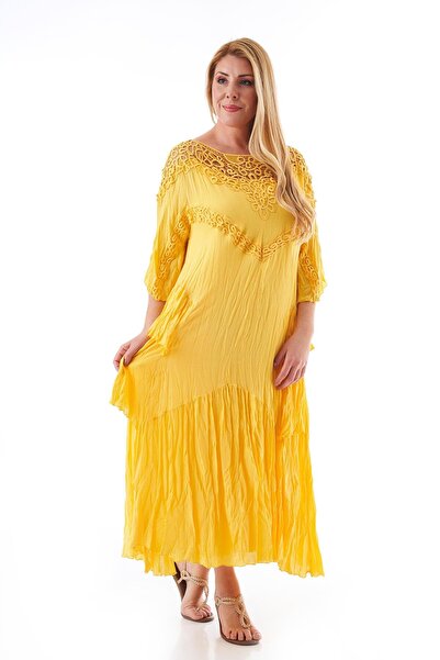 SİMİRNA OTANTİK Kadın Madonna Gipür Dantel Yaka Truvakar Kol Vual Pamuk Otantik Elbise