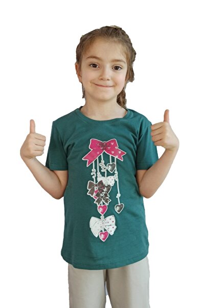 Bluence Tricou din bumbac pentru copii, verde, pentru fete, cu imprimeu cheln...