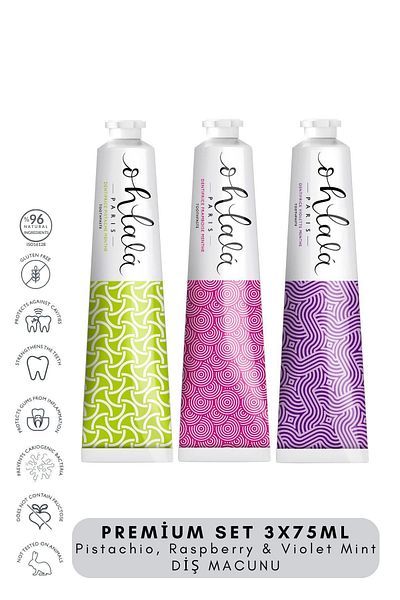 OHLALA Pistachio, Raspberry & Violet Mint Premium Set 3 x 75 ml Toothpaste