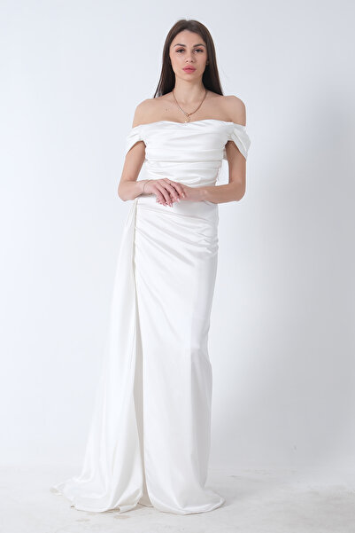 Feminist Drape Detaylı Saten Kumaş Abiye Elbise Ekru 9704858