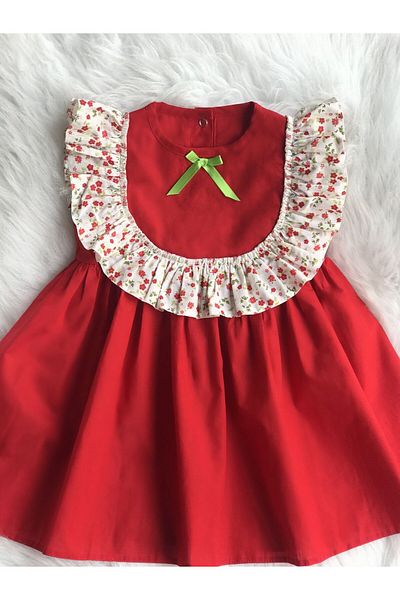 Bertuğ Bebek Red Flower Patterned Ruffle Sleeve Sleeveless Baby Girl Dress