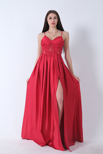 Feminist Yırtma Detaylı İp Askılı Saten Abiye Elbise Kırmızı 9704981