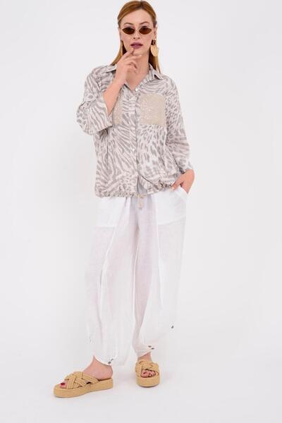 Park Moda 22007-1 Leopar Desen Ip Detaylı Payetli Gömlek