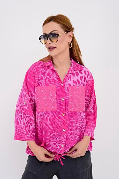 Park Moda 22007-1 Leopar Desen Ip Detaylı Payetli Gömlek