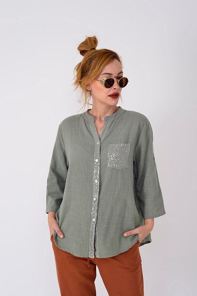 Park Moda 22046 Πουκάμισο με κεντητό παγιέτες με λεπτομέρεια τσέπης