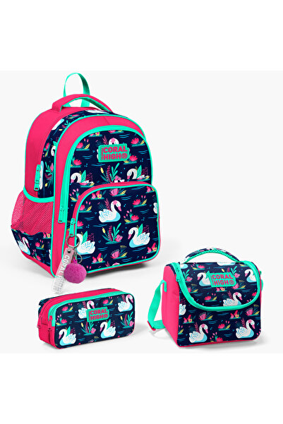 Coral High Kids Neon Mercan Lacivert Kuğu Desenli 3'lü Okul Çanta Seti SET012...
