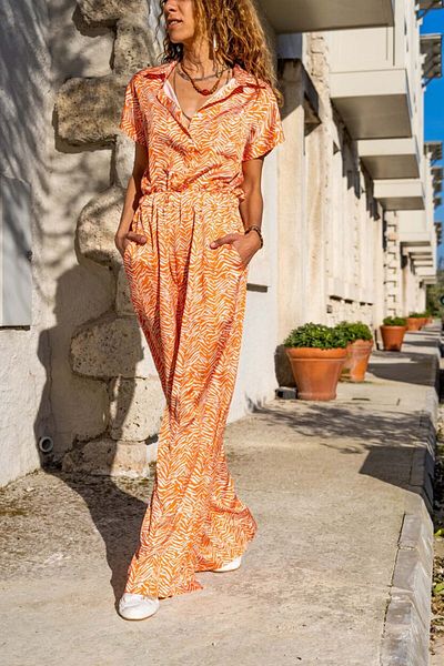 Güneşkızı Women's Orange Satin Waist Elastic Waist Pocket Wide Leg Jumpsuit Bst3235
