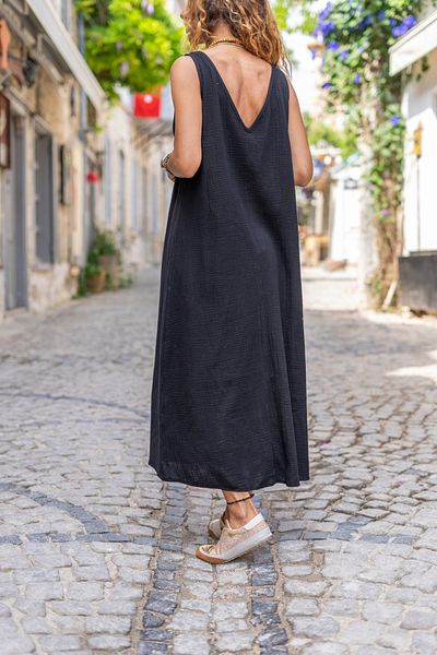 Güneşkızı Rochie neagră de muselină de damă, cu decolteu în V, cu fante în față, lungă, casual Bst3419