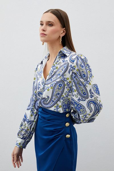 Sateen Cămașă SAX BLUE cu mâneci bufante