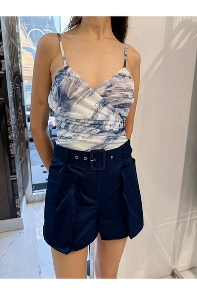 Lefon Navy Blue Patterned Women's Body and Shorts Set