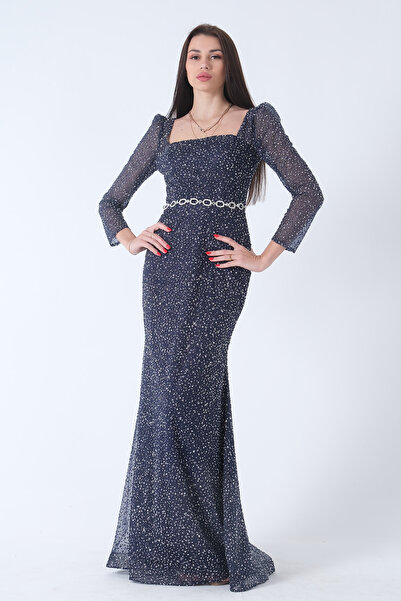 Feminist Taş İşlemeli Balık Abiye Elbise Lacivert 9705141