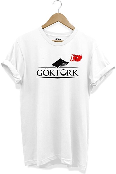 The Baski Beyaz Unisex Göktürk Kurt Baskılı Bayraklı Kısa Kollu T-shirt