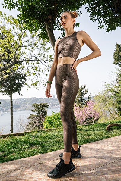 Superstacy Yüksek Bel Tiger Acı Kahve Spor Tayt