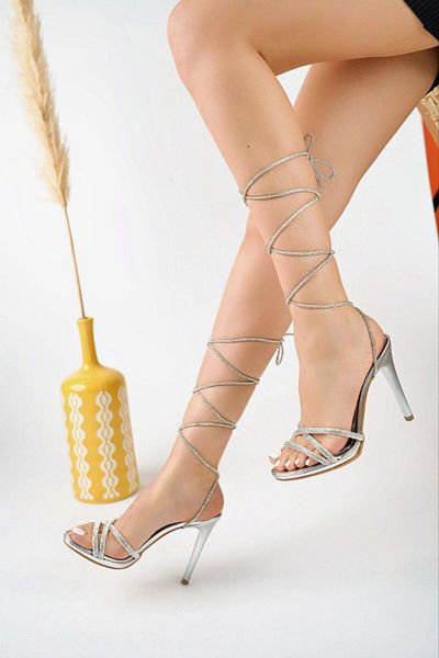 Lölük Moda Rochie de seară elegantă argintie cu piatră de diamant - pantofi cu toc strălucitor, legat la gleznă