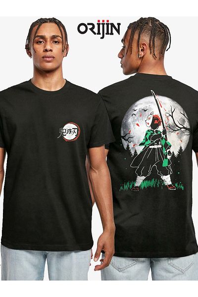 Orijin Tekstil Demon Slayer Tanjiro Kamado Full Moon Anime εμπρός πίσω με στάμπα unisex μαύρο μπλουζάκι