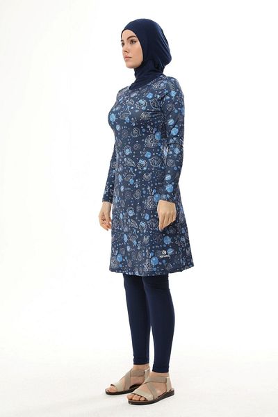 Ranuna 2310-2 Marine Pattern Water Repellent Fabric Hijab Swimsuit Navy Blue