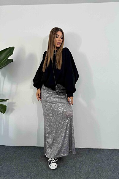 BEBE PLUS Women's Elastic Waist Half Lined Maxi Length Sequined Skirt