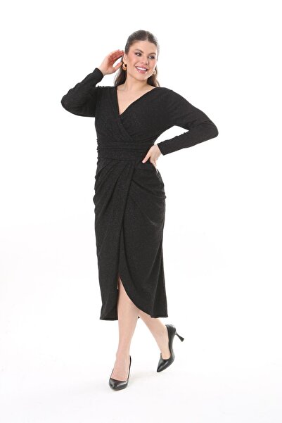 VOLİNAY TEKSTİL Büyük Beden Degaje Yaka Uzun Kol Simli Kumaş Abiye Elbise