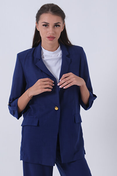 Feminist Kolları Düğme Toparlamalı Keten Ceket Saks 01051361