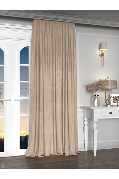 Yakamoz Kadife Görünüm Kum Beji Ada Fon Perde Ekstraforlu Velvet Touch Serisi