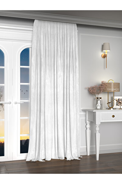 Yakamoz Kadife Görünüm Beyaz Renk Ada Fon Perde Ekstraforlu Velvet Touch Serisi