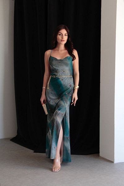 Julishop Petrol Green Patterned - Back Low-cut Maxi Tulle Dress