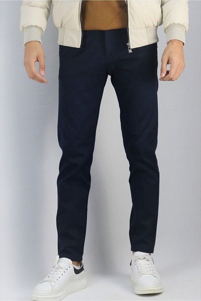 inpool Men's Winter Navy Blue Belt Label Detailed Pants