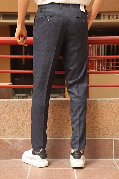 inpool Men's Navy Plaid Pattern Slim-fit Polyviscose Trousers
