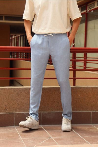 inpool Men's Summer Blue Elastic Waist Trousers