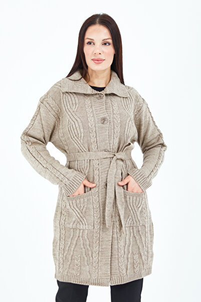 Stilmony Women's Mink Buttoned Pocket Belted Knitwear Wool Long Cardigan