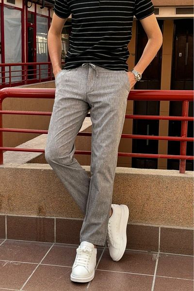inpool Men's, regular-fit, elastic, old-money culture, cotton, linen woven fabric pants 24INP279