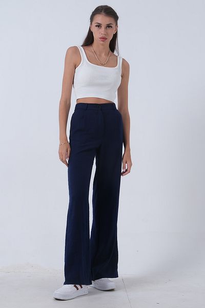 Feminist Navy Blue High Waist Wide Leg Linen Trousers -01020661