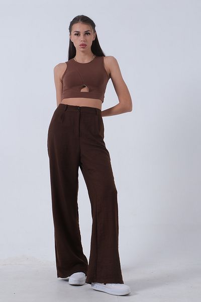 Feminist High Waist Linen Trousers - Wide Leg, Brown01020661