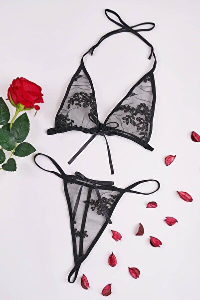 Maly Love Kadın Siyah Ipli Sütyen Külot Fantezi Iç Giyim Takımı