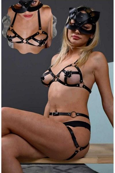 Aysilce Δερμάτινο σουτιέν, μάσκα, ζαρτιέρες Fancy Harness Σετ