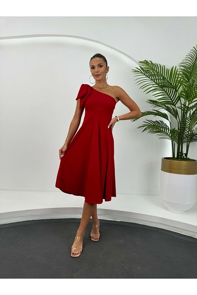 Elif Özbey Butik Rochie roșie pe un umăr - Detaliu panglică