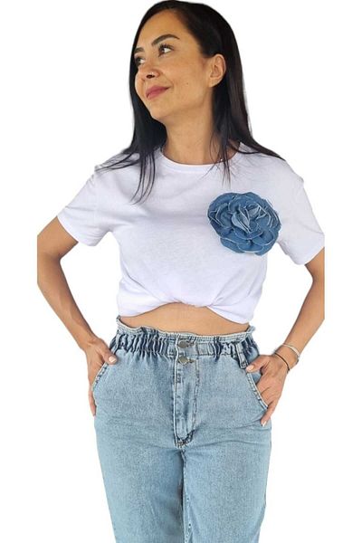 duygu dilsiz Sezon nou, potrivire confortabilă - Tricou de damă, detaliu trandafir din denim