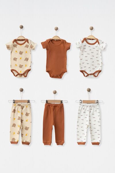 Happy Smile Bear Yazılı ve Ayıcık Desenli % 100 Pamuklu Unisex 6 Parça Bebek Takımı Set