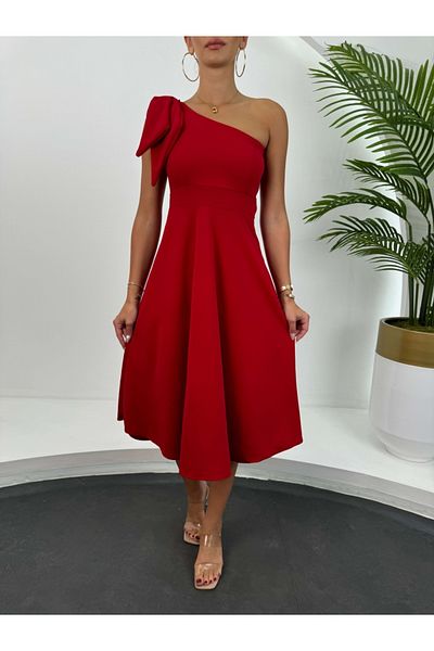 Elif Özbey Butik Rochie roșie pe un umăr - Detaliu panglică