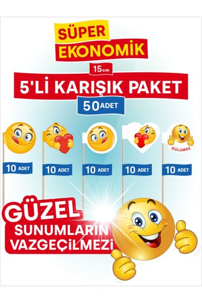 Home 15 cm, 50 adet - Süper Ekonomik 5'li Karışık Emoji Paket Bayrak Kürdan Ü...