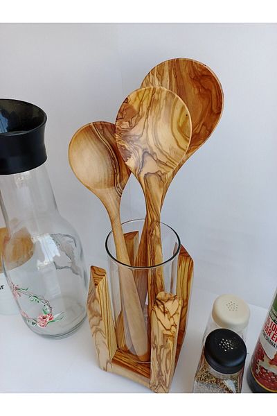 AYSAN Wooden Spoon Olive Wood Set of 3 and Spoon Holder