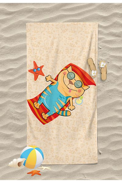Erays Home Digital Printed Happy Cat Patterned Beach Bath Towel