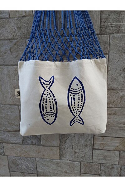 OBİDEV Balık Baskılı Mavi Uzun File Çanta