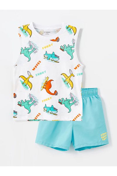 LC Waikiki LCW Baby Crew Neck Printed Undershirt and Swim Shorts for Baby Boy - Set of 2