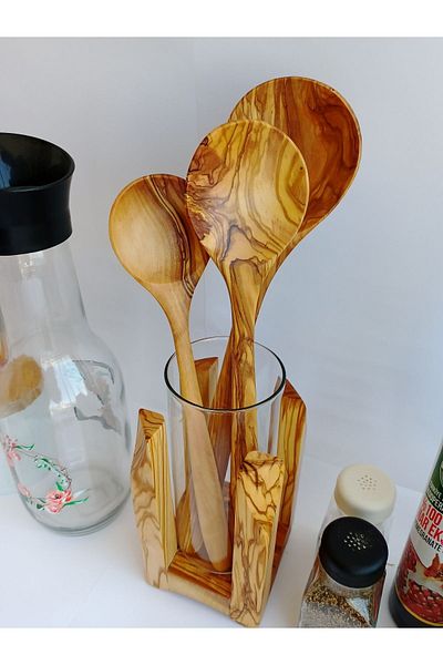AYSAN Wooden Spoon Olive Wood Set of 3 and Spoon Holder