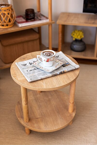 HAMUR Concept Ahşap Ayaklı Orta Sehpa İki Raflı, Dekoratif ve Gazetelikli Naturel Rengi