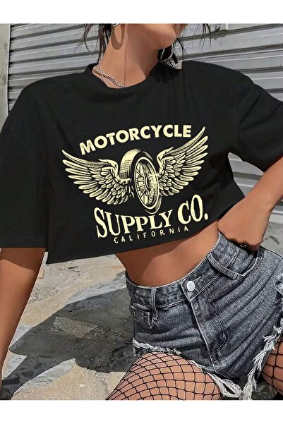 over head oh Top crop oversize pentru femei, negru, cu imprimeu pentru motoci...